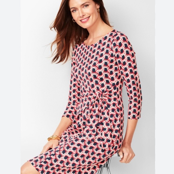 Talbots Dresses & Skirts - Talbots Side Tie Swirl Dress SP Pink Blue Wave Geo Print Faux Wrap Small Petite